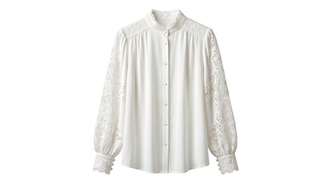 Elegant white lace blouse with long puff sleeves, feminine button-down shirt with floral embroidery, classic victorian style ivory top for women isolated on White Background