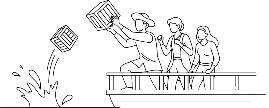 Teamwork and cooperation on a sinking ship illustration.