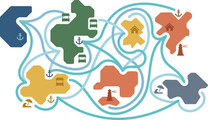 Fototapeta premium Schematic represents a complex maritime navigation route connecting various harbor ports and coastal island locations.