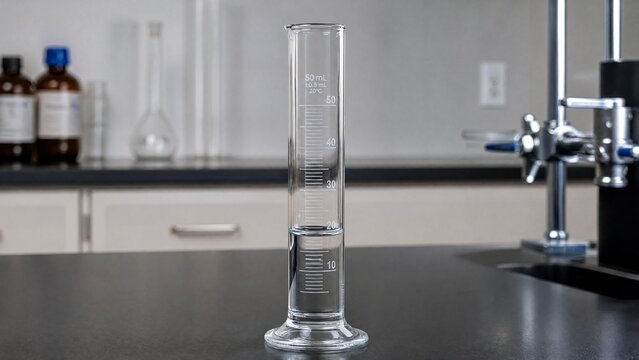 A clear glass cylinder on a lab bench with water forming a concave meniscus.