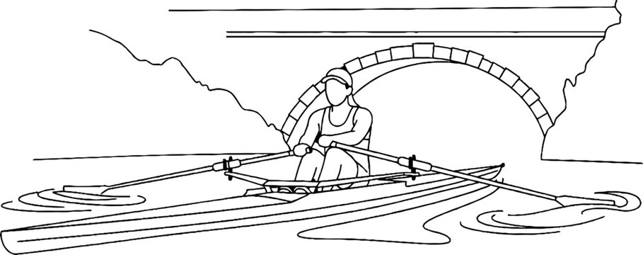 Person Rowing Small Boat Under Arched Bridge Illustration.