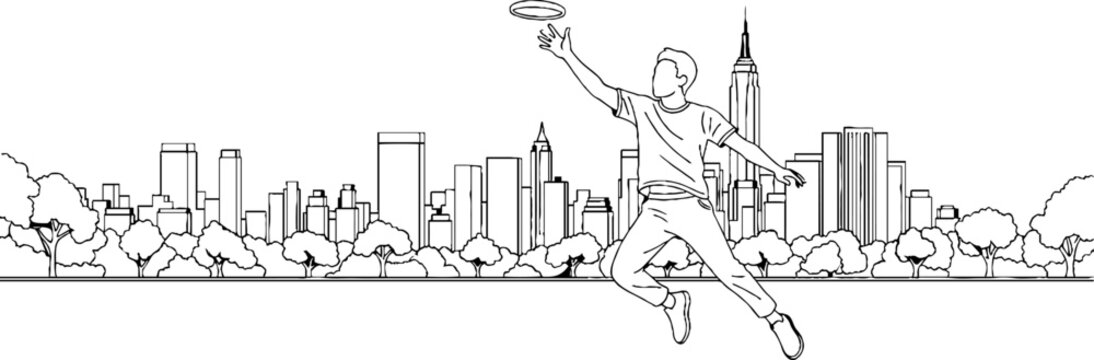 Dynamic Baseball Player Jumping With Cityscape Backdrop Outline.