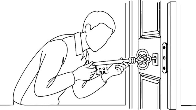 Person carefully picking an old fashioned door lock indoors.