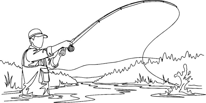 Man fly fishing by peaceful riverside setting outdoors.