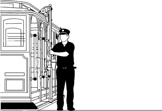 Uniformed security guard standing beside vintage elevator gate.