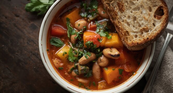 Hearty rustic Tuscan vegetable soup with toasted bread and cannellini beans