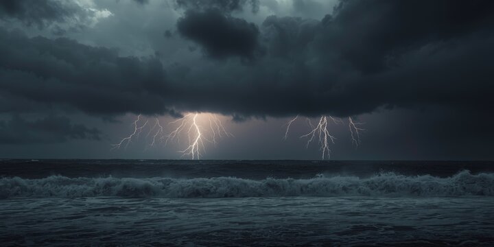 Raging sea under heavy thunderstorm and lightning
