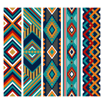 Southwestern tribal geometric set of seamless vertical border patterns with woven diamond textile motifs. Traditional ethnic folk art for fabric, rug or blanket with ornamental and decorative design