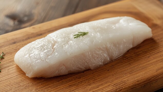 White cod fillet slice on natural timber tabletop with visible copy space