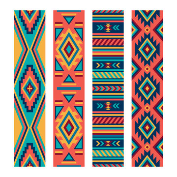 Southwestern tribal geometric set of seamless vertical border patterns with woven diamond textile motifs. Traditional ethnic folk art for fabric, rug or blanket with ornamental and decorative design