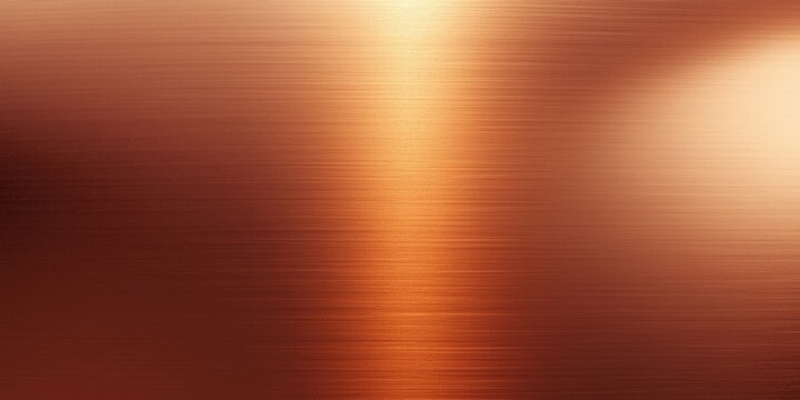 Radiant copper metal panel backdrop with smooth grain and high key light, copy space