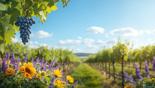 Summer day in vineyard with ripe grape cluster on vine and colorful flowers under clear sky