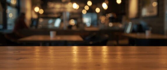 Obraz premium Vacant wooden surface in warm coffee shop setting with blurred lights