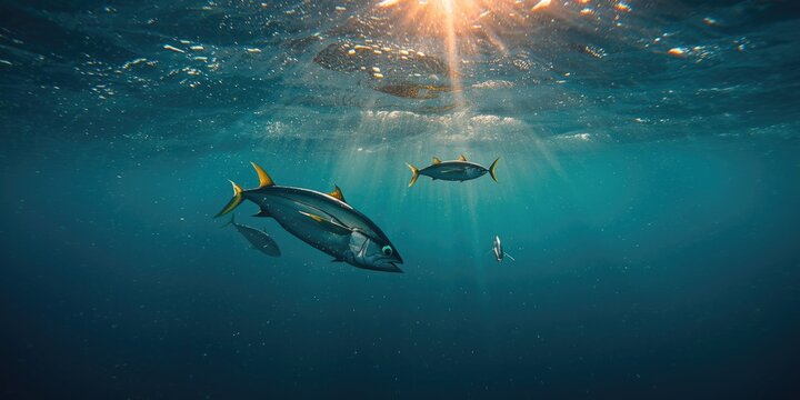 Freshly caught yellowfin tuna swimming in ocean waters with vibrant sunlight