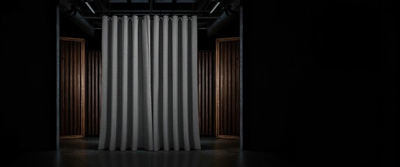 Fototapeta premium Rectangular curtain made from grey automotive tire material displayed in a dark room with wooden grille and metal pipe features