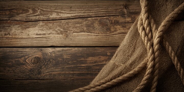 Weathered wood and coarse burlap texture featuring ship rope and copy space