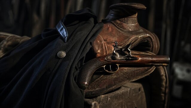 Black cloak draped over an old leather saddle with a pistol.