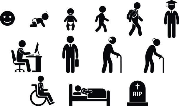 Busignees life stages pictograms depicting human development from infancy to seniority
