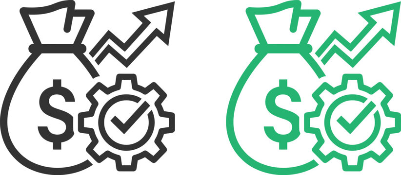 Business growth and financial success icon set money bag charts gears and checkmarks