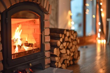 Obraz premium Fireplace burning brightly, providing warmth and comfort in a cozy living room, with a stack of firewood nearby