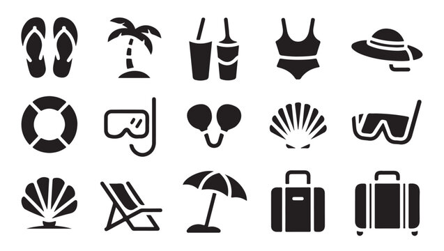 Summer vacation symbols and icons for travel and beach relaxation.