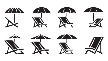 Beach chairs and parasol icons collection for summer resort recreation and seaside rest. © MdRony