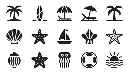 Nautical and marine life icons featuring sea creatures sailboat and beach travel symbols. © Md Rony