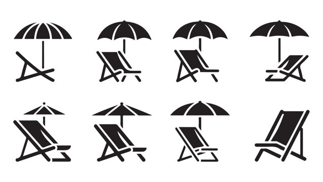 Beach chairs and parasol icons collection for summer resort recreation and seaside rest.