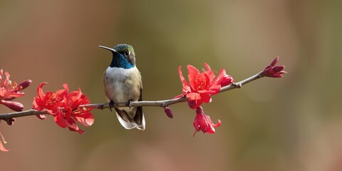 Fototapeta premium Serene blue chinned hummingbird resting on a flowering branch with red blooms