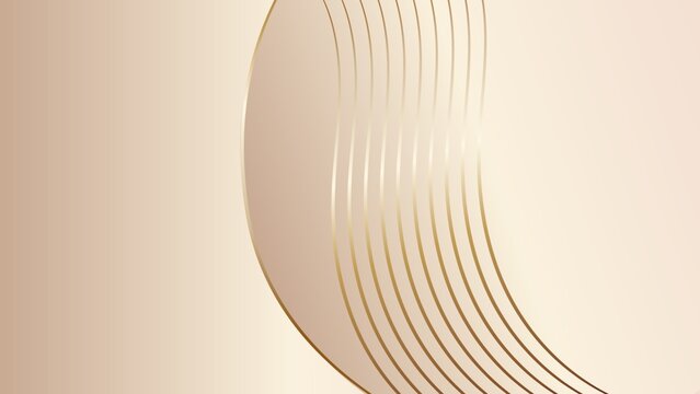 ​An elegant abstract background featuring soft beige and cream gradients. The design is highlighted by smooth, sweeping curved shapes and multiple thin, shimmering gold metallic lines that create a lu