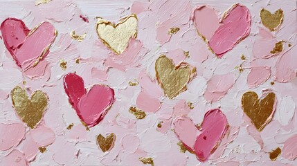 Obraz premium Textured oil painting features abstract pink and gold hearts scattered on a canvas.