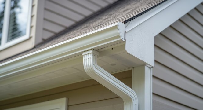 White gutter guard installation with fascia and drip edge on vinyl siding exterior of luxury home