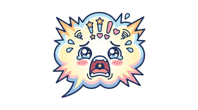 Cute cartoon crying face with speech bubble.