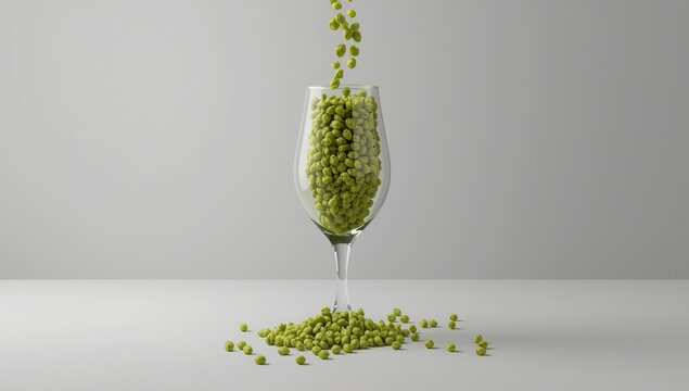 Vibrant green hop pellets flowing from a beer glass on a neutral gray setting