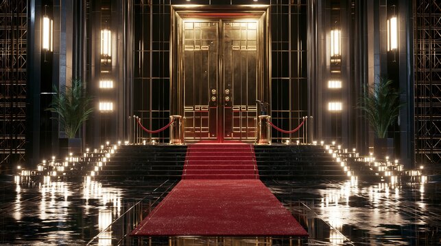 Grand luxury casino entrance at night, massive golden doors, red carpet, dramatic exterior lighting