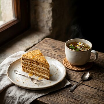 Slice of Layered Honey Cake with Herbal Chamomile Tea on Rustic Wood Table