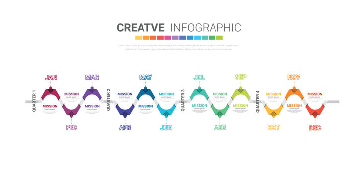 12 Months Business Timeline Infographic 4 Quarters Horizontal Roadmap for Presentation EPS