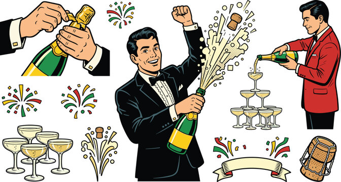 Retro Pop Art Celebration Vector Element Set with Men Opening Champagne Bottles Popping Corks Pouring Wine Towers and Colorful Confetti Graphic Illustration