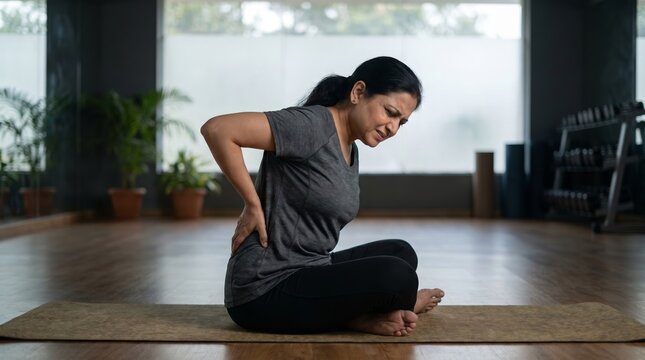 Woman in sportswear sitting on a yoga mat in a fitness studio, interrupting her workout to clutch her aching lower back in pain.