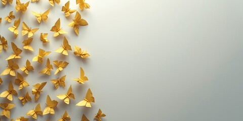 Top view of yellow origami butterflies on white surface with text space