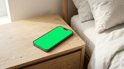 Fototapeta premium Smartphone with Green Screen Mockup on Wooden Bedside Table