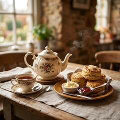 Fototapeta premium Traditional British Cream Tea with Scones Jam and Clotted Cream