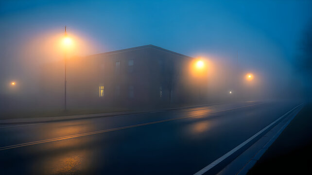 Foggy street with illuminated streetlights and industrial building
