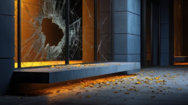 Vandal broken shop window, often used in stock photography to represent vandalism, crime, or commercial damage. Scattered glasses on the pavement, a distinct hole is visible in the center of the pane.