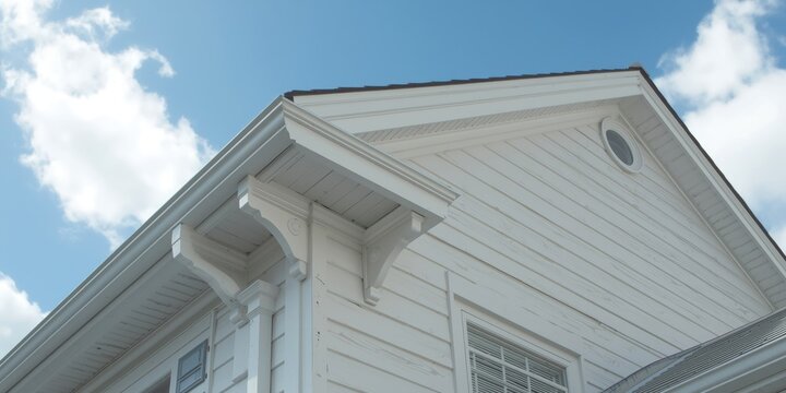 White fascia and soffit decorated with corbel and bracket accents on a vinyl sided gable roof beneath a bright sky
