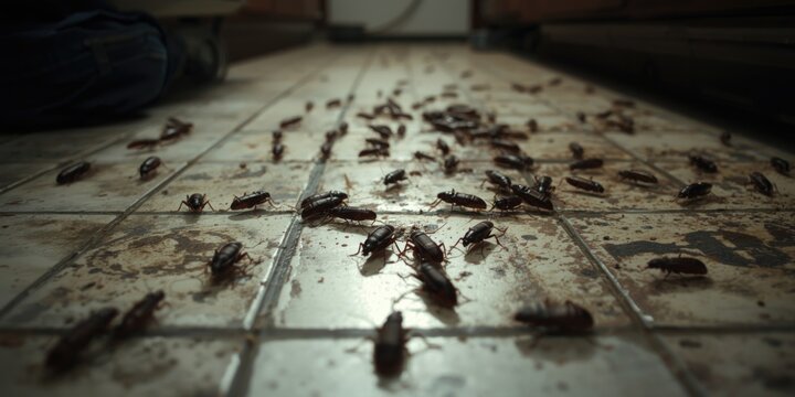 Insect invasion on kitchen floor with visible cockroaches highlighting hygiene problems