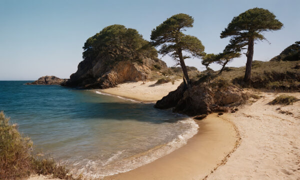 Arbres tordus solitaires sur rocher c&ocirc;tier avec plage de sable et mer bleue en arri&egrave;re-plan