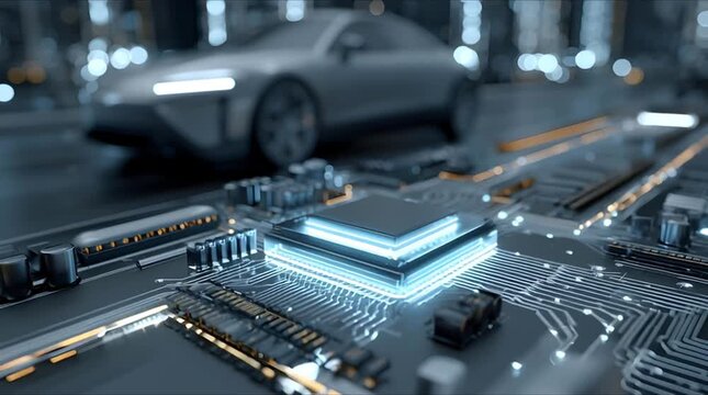 Macro scan of high-end autonomous driving module with vertical data light beams (AI Generated)