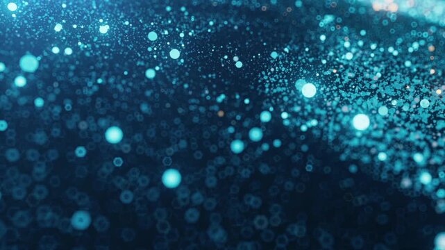 Blue fluid particles, luminous dots form turbulent rotating flow, glowing blue and white liquid particles flow dynamically across a deep blue backdrop, creating a shimmering, fluid digital stream.