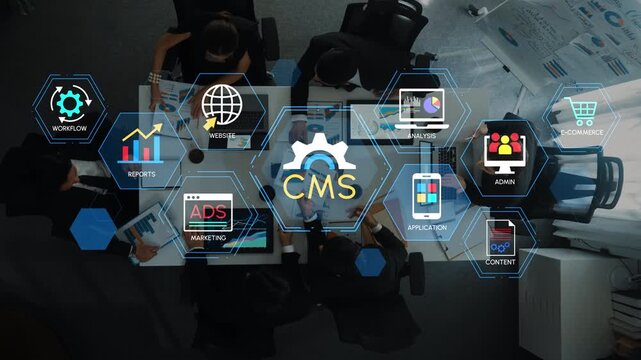 Digital Marketing Strategy Overview with CMS Icons in Office Setting Featuring Workflow, Reports, Website, and E-commerce Elements. Entropy.